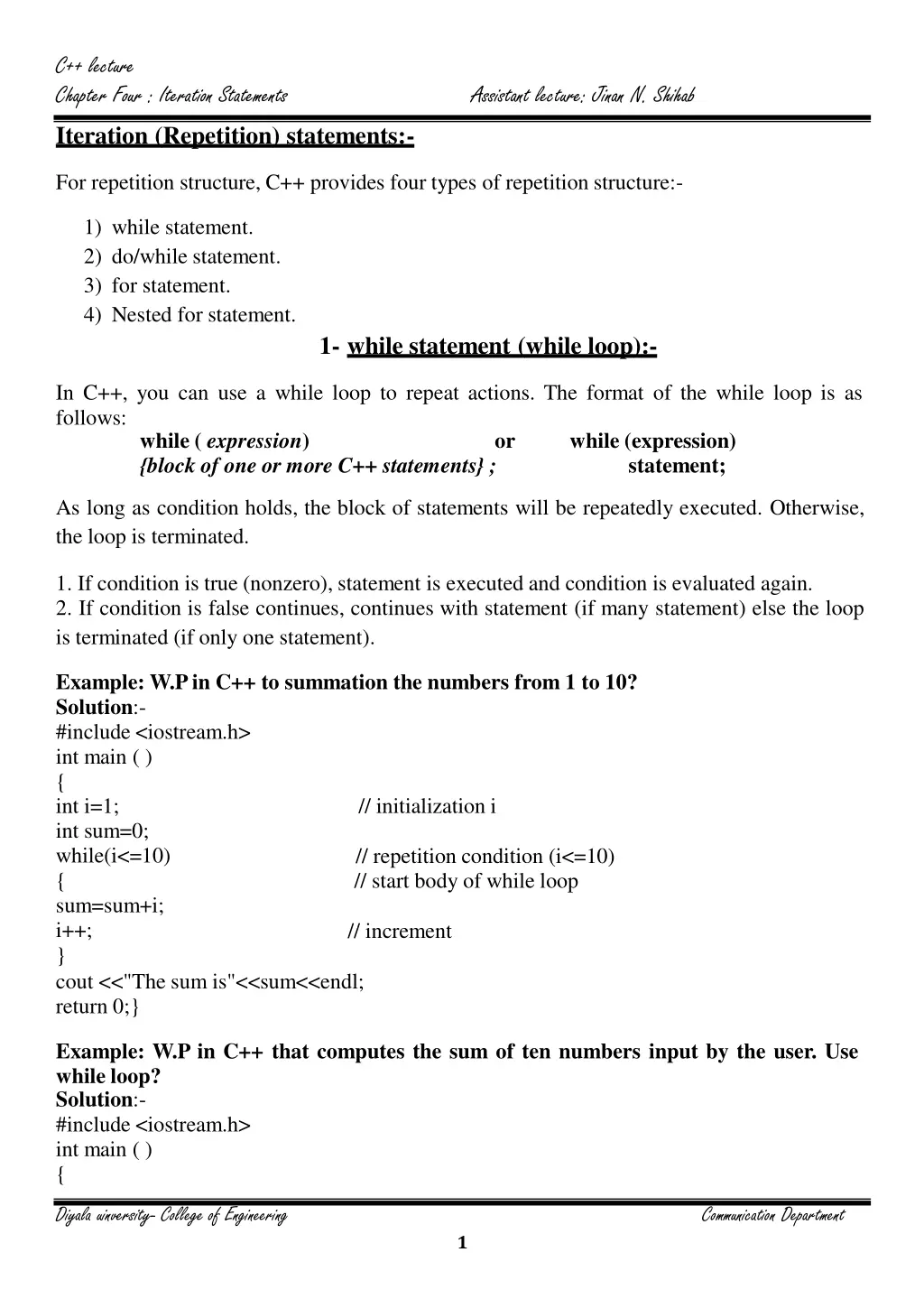 c lecture chapter four iteration statements n.w