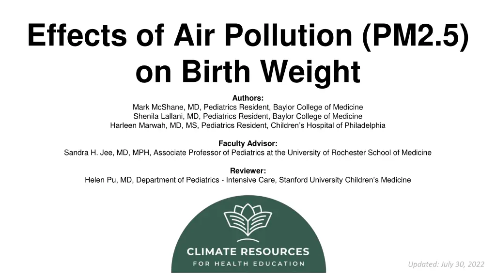 effects of air pollution pm2 5 on birth weight n.w