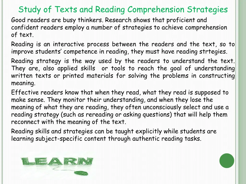 study of texts and reading comprehension n.w