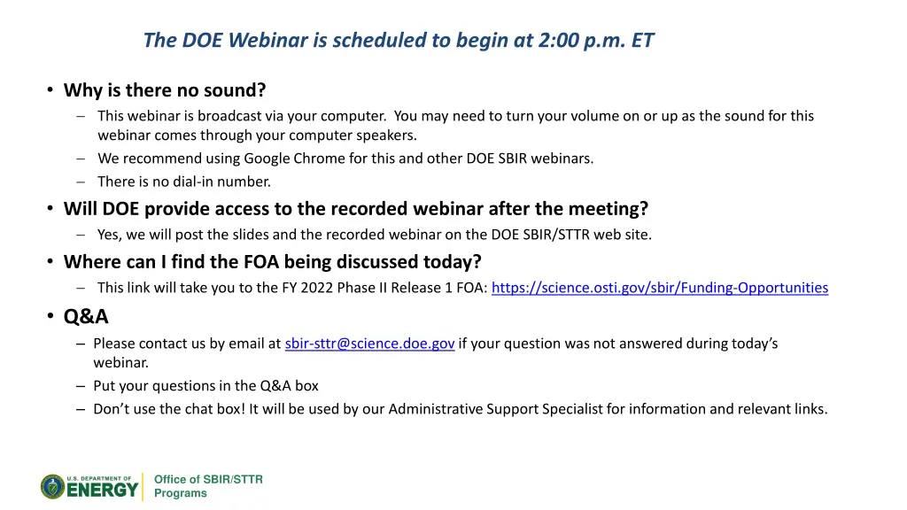the doe webinar is scheduled to begin n.w