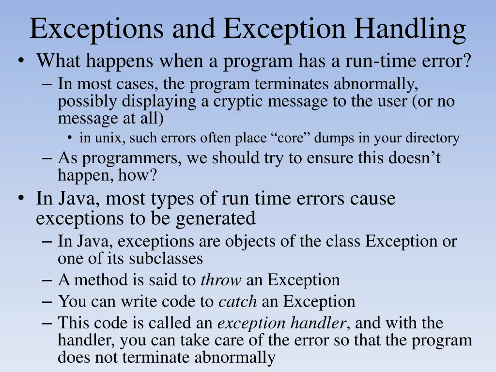 exceptions and exception handling what happens n.w
