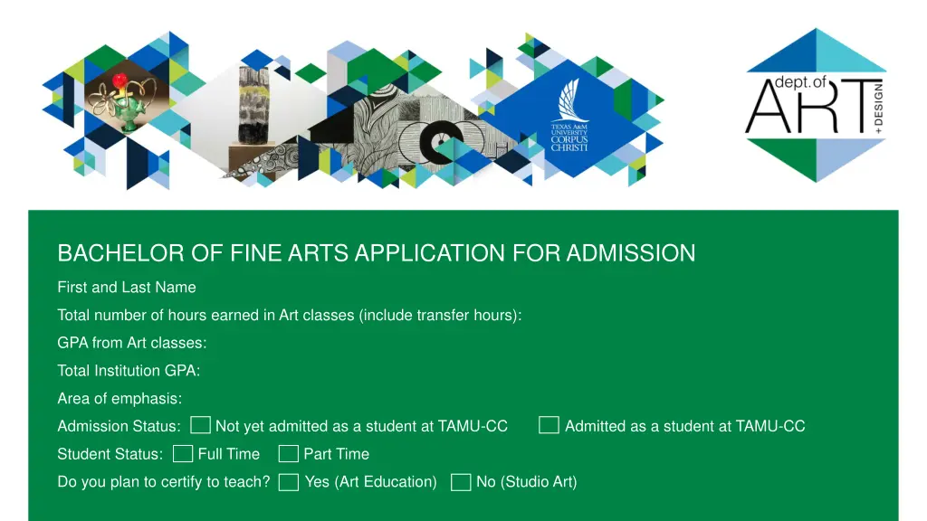 bachelor of fine arts application for admission n.w