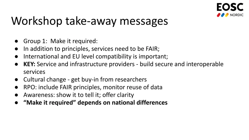 workshop take away messages n.w