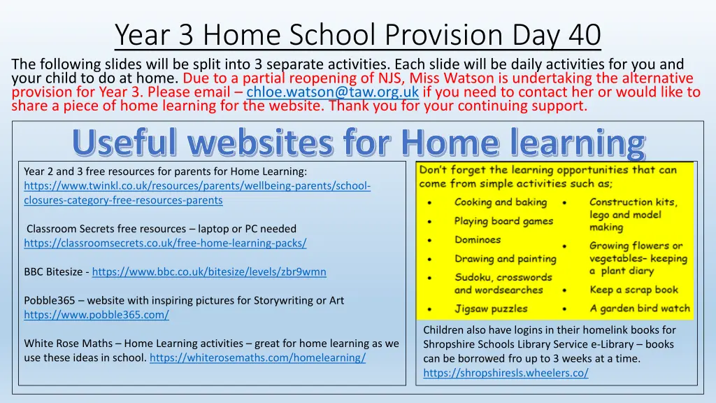 year 3 home school provision day 40 the following n.w
