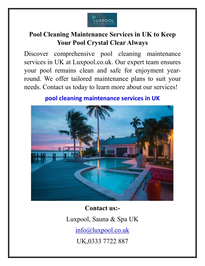 pool cleaning maintenance services in uk to keep n.w