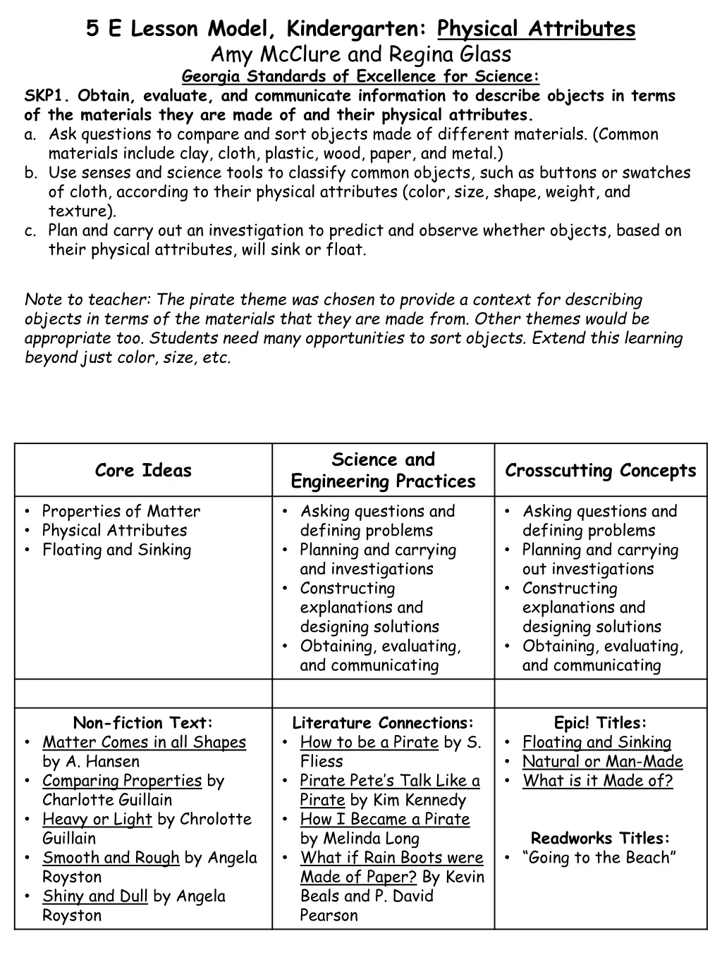 5 e lesson model kindergarten physical attributes n.w