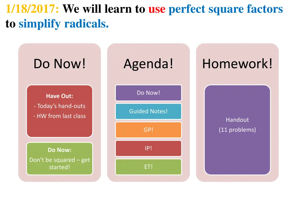 1 18 2017 we will learn to use perfect square n.w