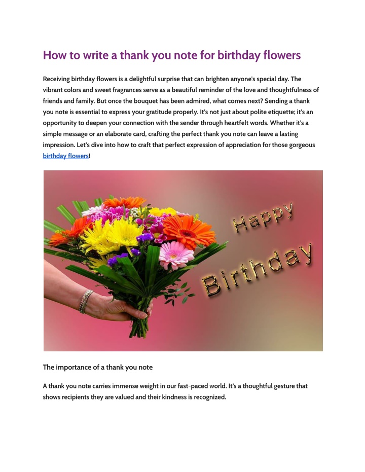 how to write a thank you note for birthday flowers n.w