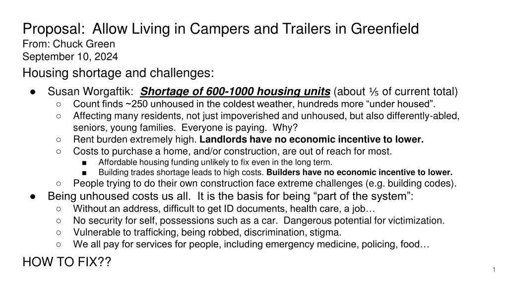 proposal allow living in campers and trailers n.w