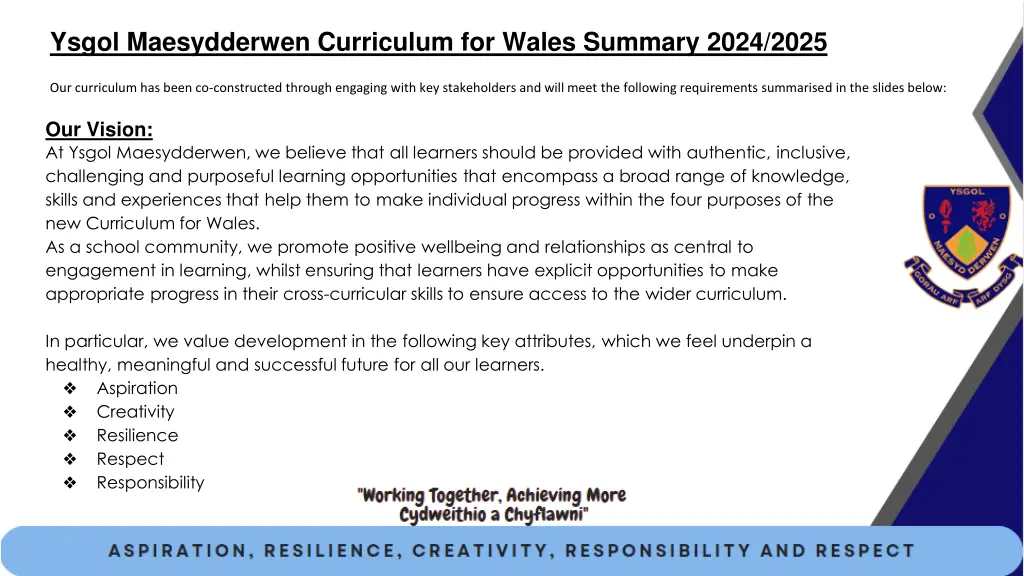 ysgol maesydderwen curriculum for wales summary n.w