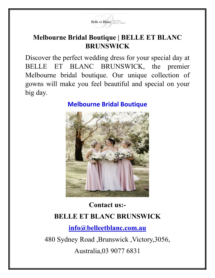melbourne bridal boutique belle et blanc brunswick n.w