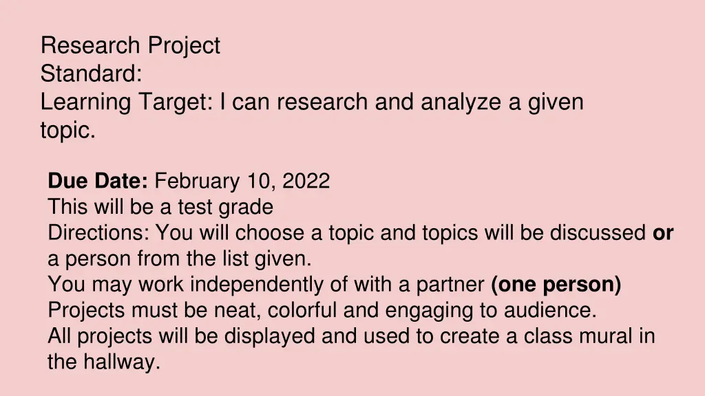 research project standard learning target n.w