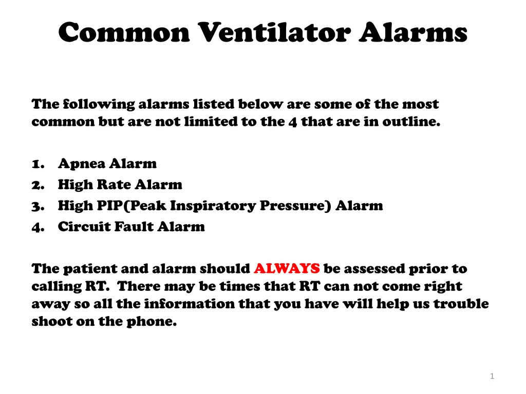 common ventilator alarms n.w