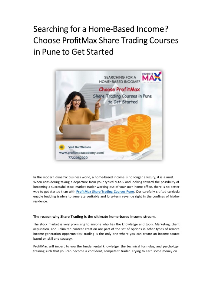Searching for a Home-Based Income Choose ProfitMax Share Trading Courses in Pune to Get Started
