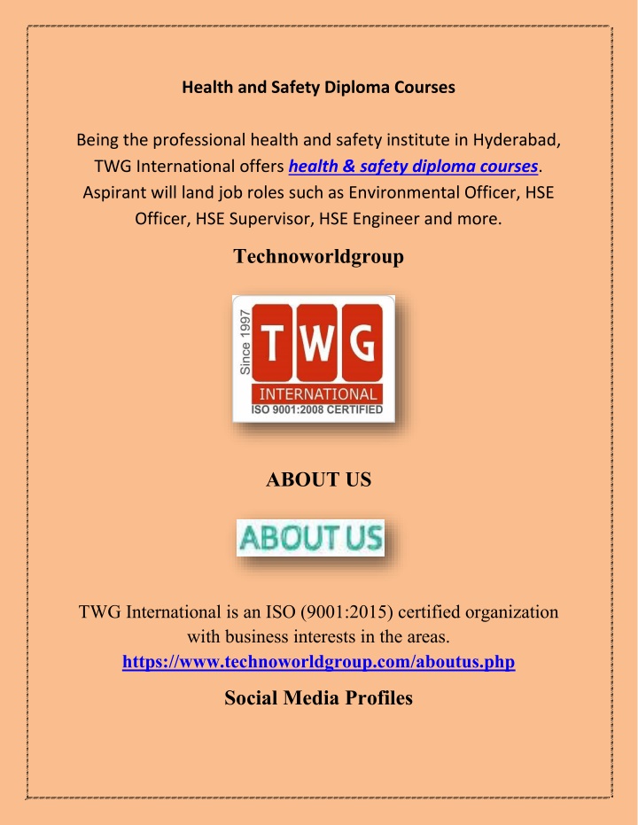 health and safety diploma courses being n.w