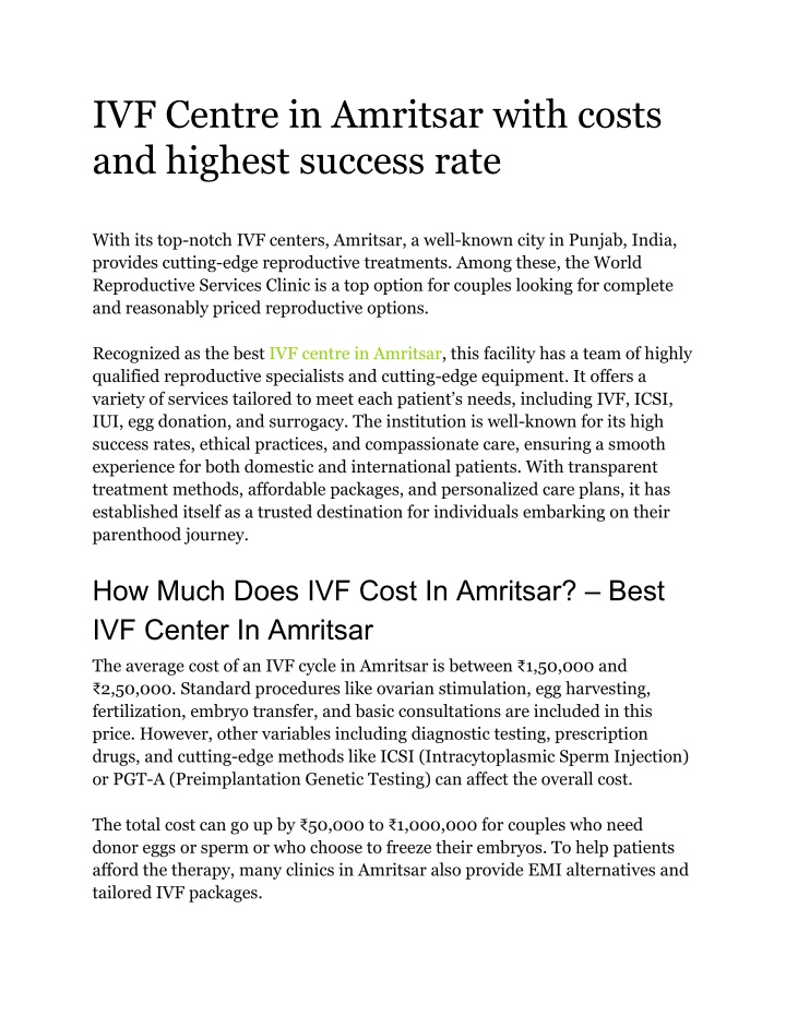 ivf centre in amritsar with costs and highest n.w