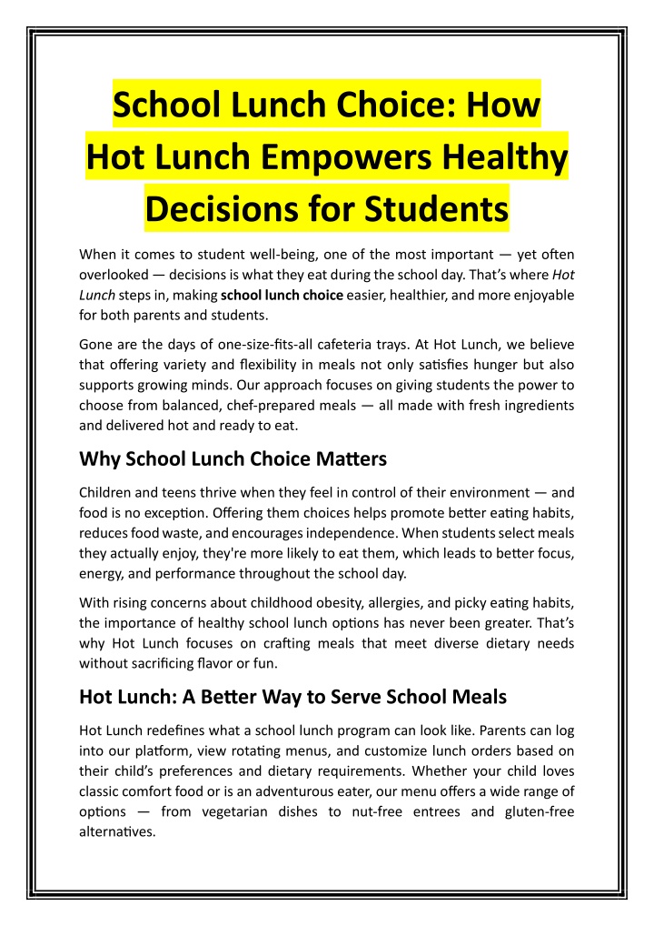 school lunch choice how hot lunch empowers n.w