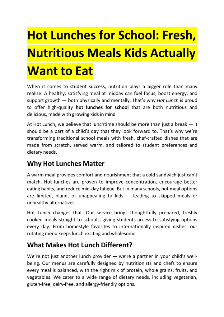 Hot Lunches for School - Fresh, Nutritious Meals Kids Actually Want to Eat