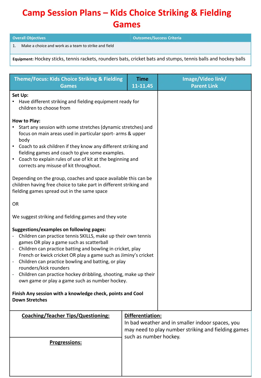camp session plans kids choice striking fielding n.w