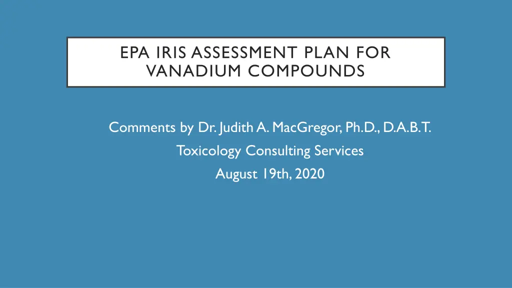 epa iris assessment plan for vanadium compounds n.w