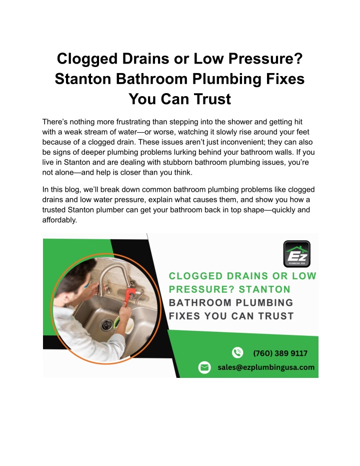 clogged drains or low pressure stanton bathroom n.w