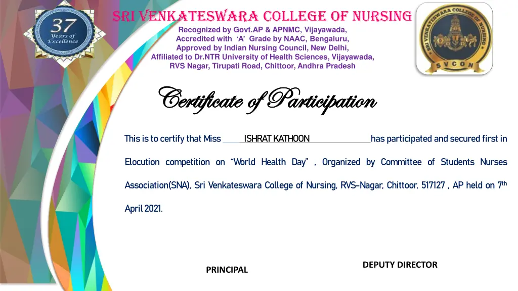 sri venkateswara college of nursing recognized n.w