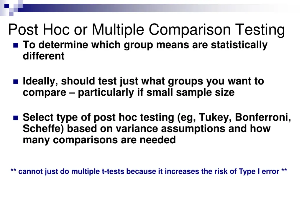post hoc or multiple comparison testing n.w
