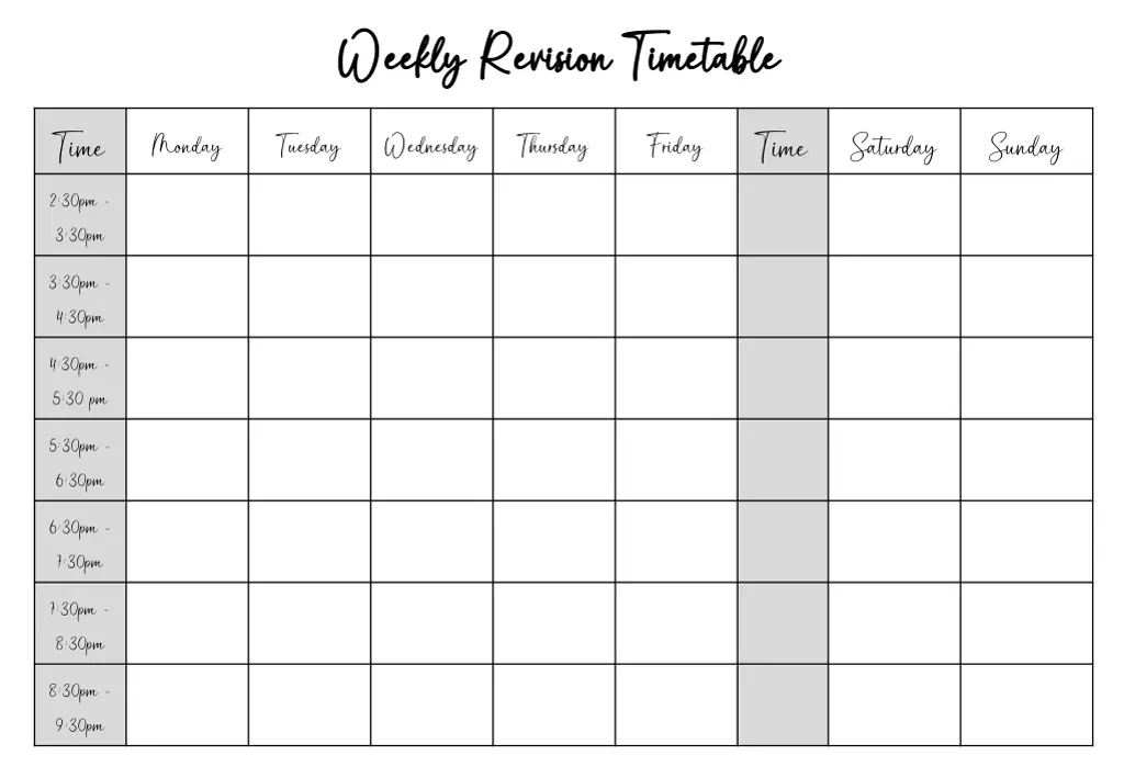 weekly revision timetable weekly revision n.w