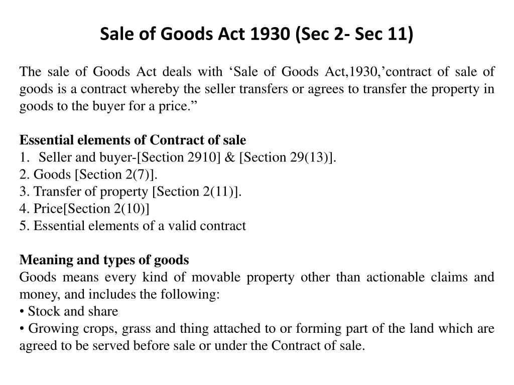 sale of goods act 1930 sec 2 sec 11 n.w