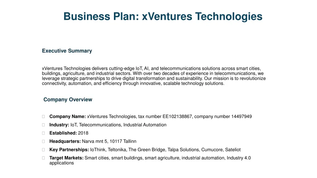 business plan xventures technologies n.w