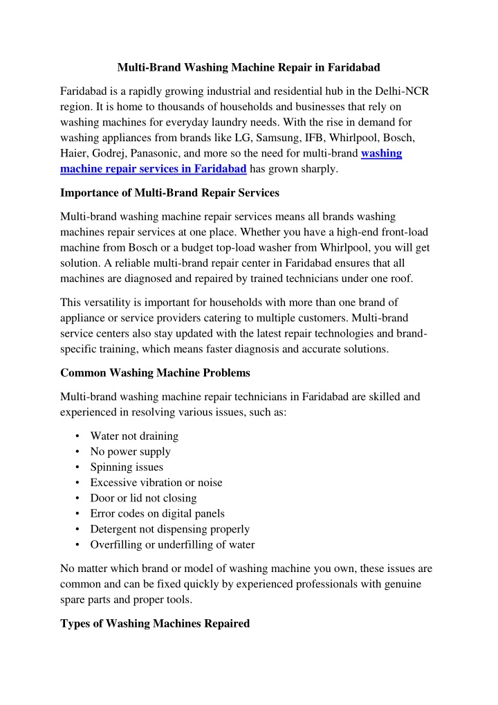 multi brand washing machine repair in faridabad n.w