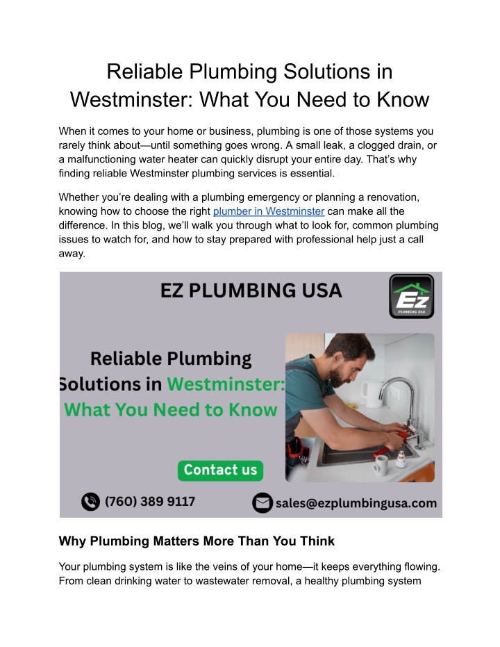 reliable plumbing solutions in westminster what n.w