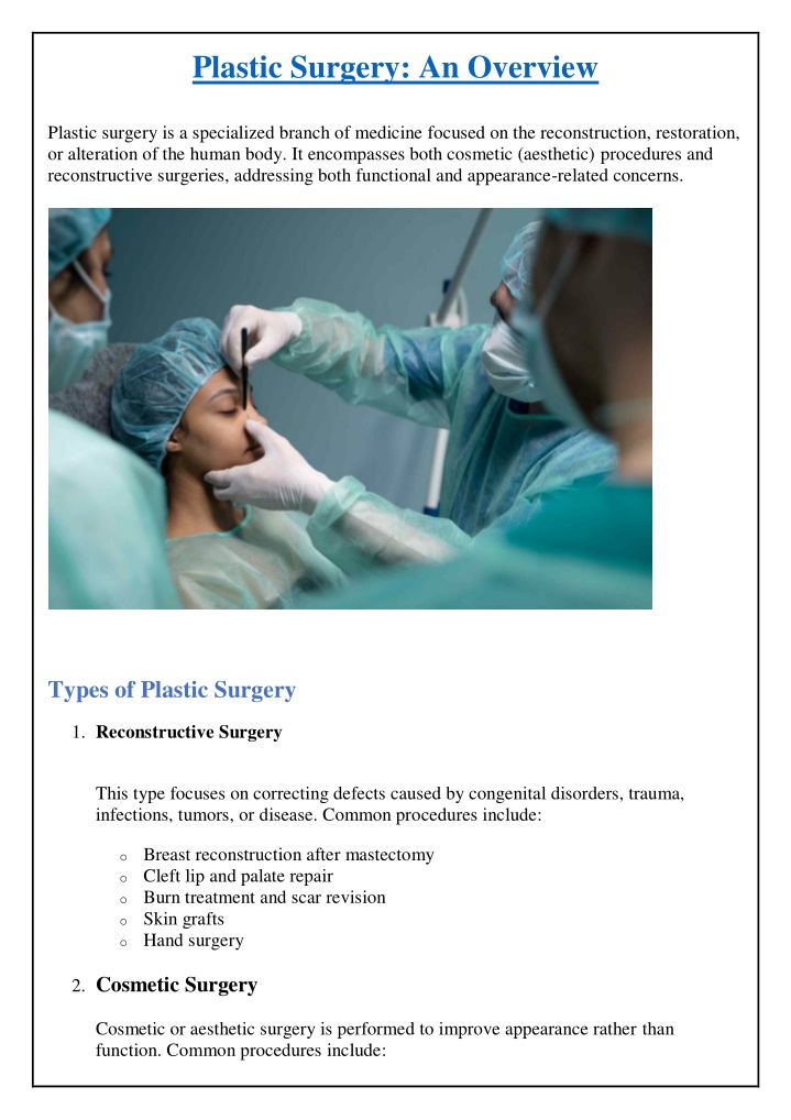 plastic surgery an overview n.w