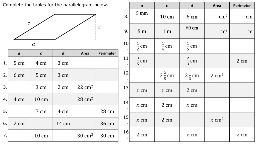complete the tables for the parallelogram below n.w