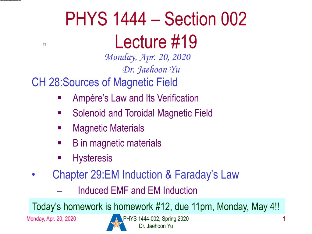 phys 1444 section 002 lecture 19 monday n.w