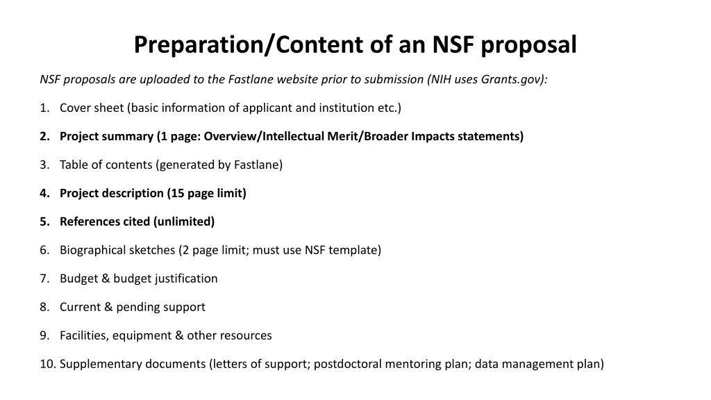 preparation content of an nsf proposal n.w