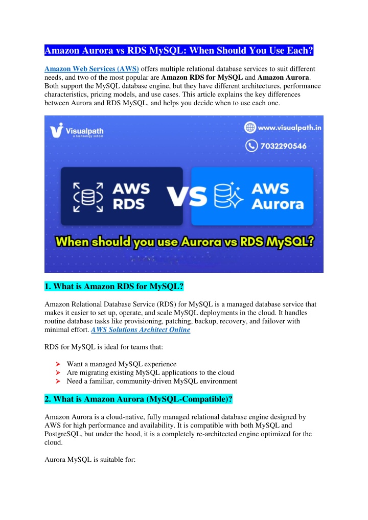 amazon aurora vs rds mysql when should n.w
