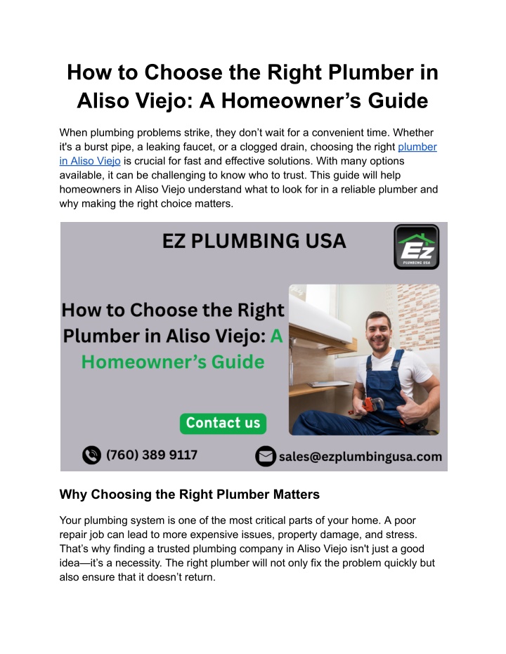 how to choose the right plumber in aliso viejo n.w