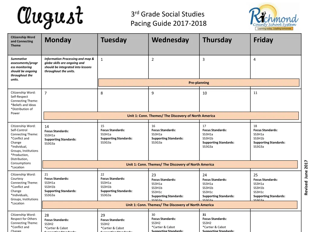 3 rd grade social studies pacing guide 2017 2018 n.w
