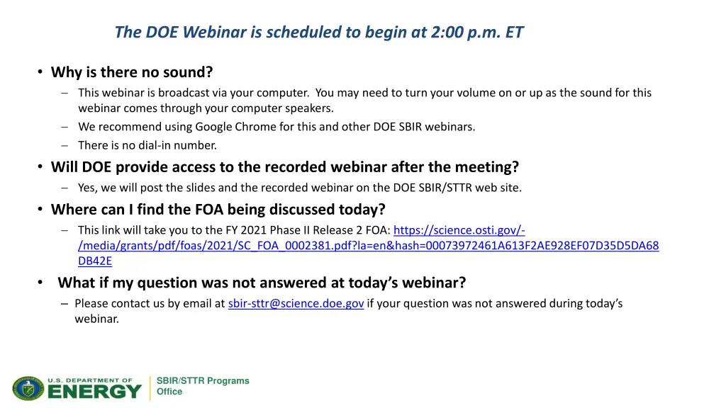 the doe webinar is scheduled to begin n.w