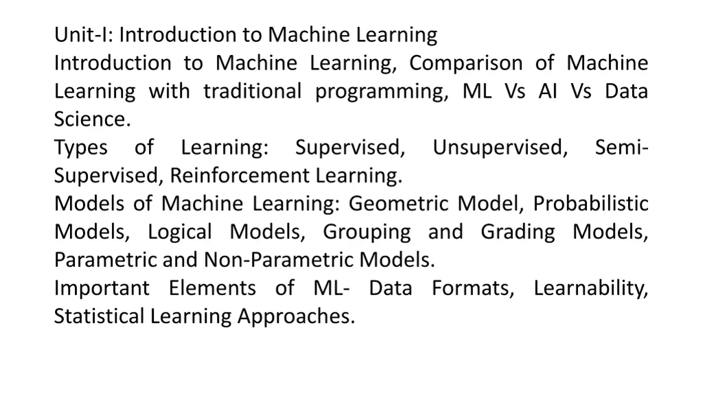 unit i introduction to machine learning n.w