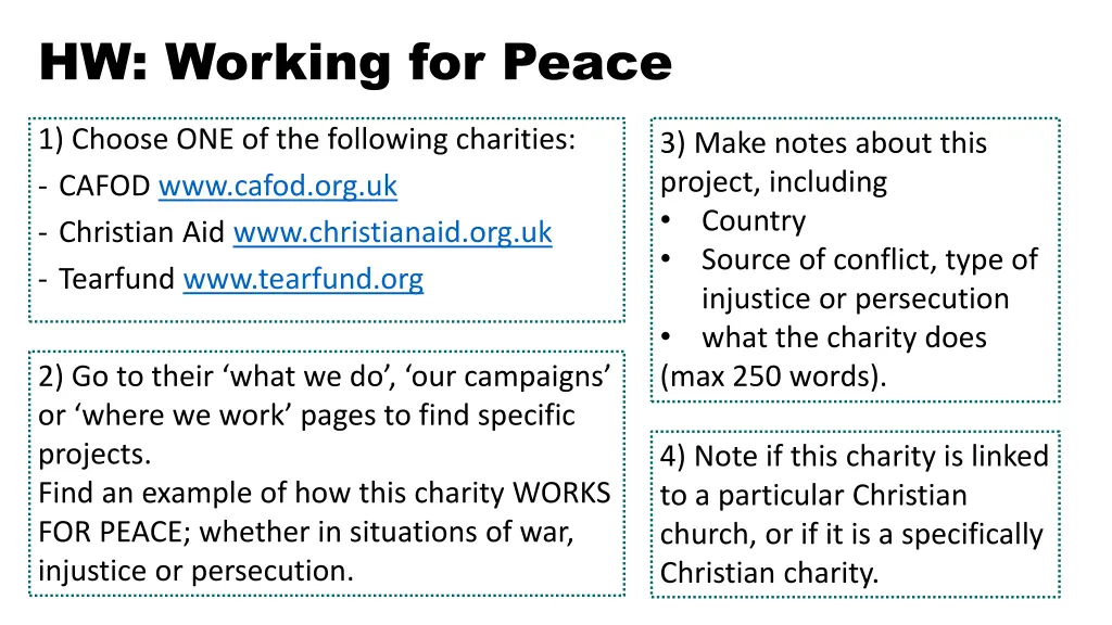 hw working for peace n.w