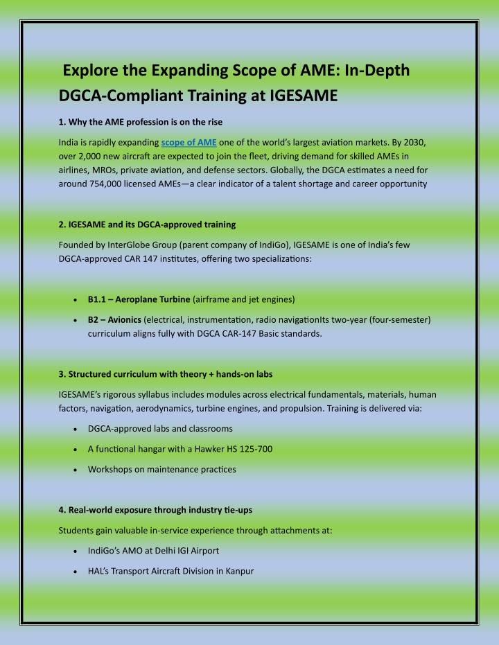 explore the expanding scope of ame in depth dgca n.w