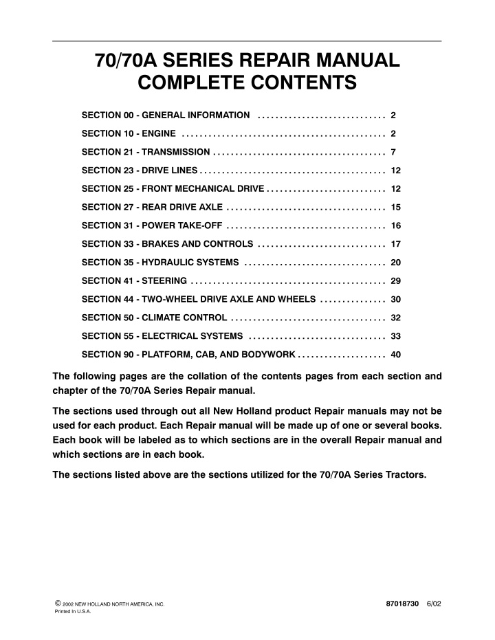 70 70a series repair manual complete contents n.w