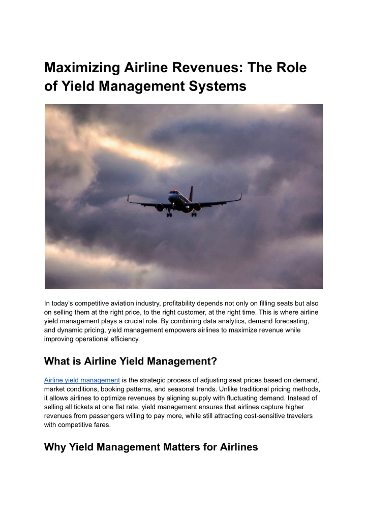 maximizing airline revenues the role of yield n.w