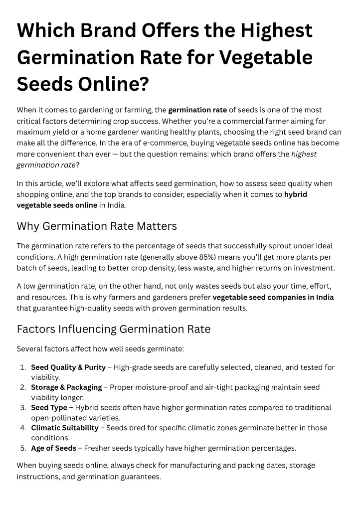 which brand o ers the highest germination rate n.w