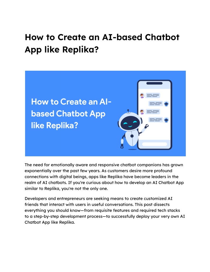 how to create an ai based chatbot app like replika n.w