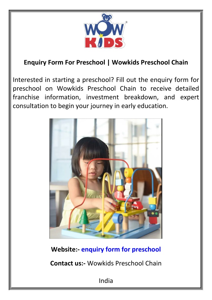 enquiry form for preschool wowkids preschool chain n.w