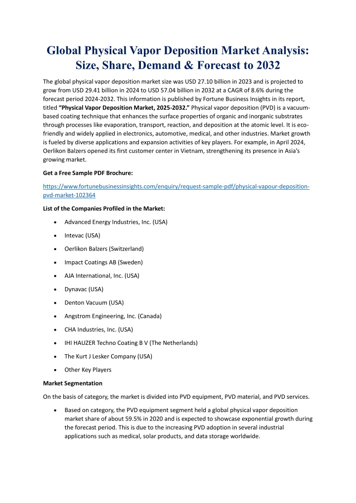 global physical vapor deposition market analysis n.w