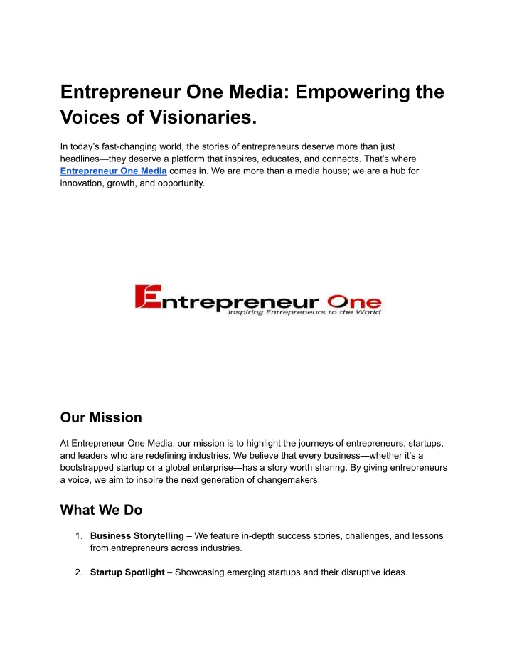 entrepreneur one media empowering the voices n.w